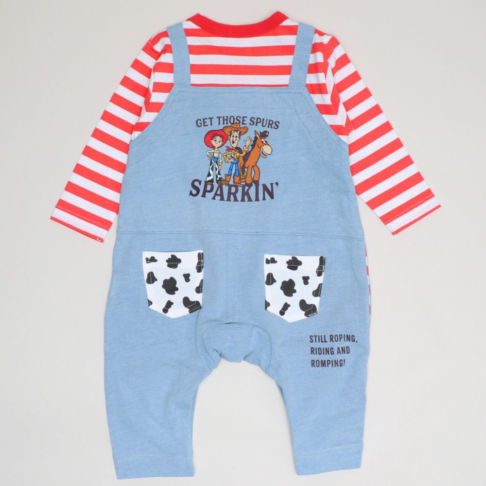 【ベビードール】トイストーリー サロペット風ロンパース 1272B / ベビーサイズ ベビー服 つなぎ ドッキングロンパース 長袖 ボディ肌着 赤ちゃん 出産祝い 贈り物 プレゼント ボーダー柄 ウッディ ジェシー ブルズアイ