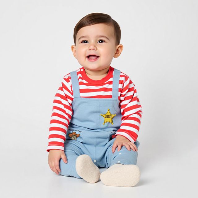 【ベビードール】トイストーリー サロペット風ロンパース 1272B / ベビーサイズ ベビー服 つなぎ ドッキングロンパース 長袖 ボディ肌着 赤ちゃん 出産祝い 贈り物 プレゼント ボーダー柄 ウッディ ジェシー ブルズアイ