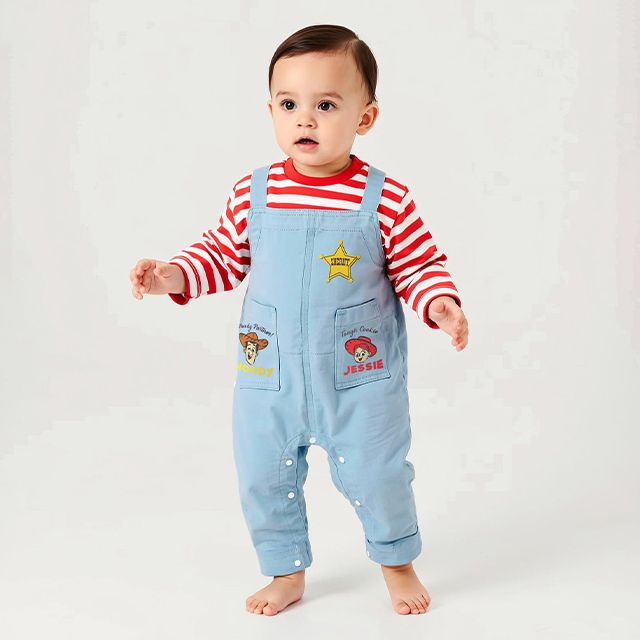 【ベビードール】トイストーリー サロペット風ロンパース 1272B / ベビーサイズ ベビー服 つなぎ ドッキングロンパース 長袖 ボディ肌着 赤ちゃん 出産祝い 贈り物 プレゼント ボーダー柄 ウッディ ジェシー ブルズアイ
