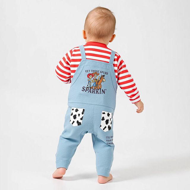 【ベビードール】トイストーリー サロペット風ロンパース 1272B / ベビーサイズ ベビー服 つなぎ ドッキングロンパース 長袖 ボディ肌着 赤ちゃん 出産祝い 贈り物 プレゼント ボーダー柄 ウッディ ジェシー ブルズアイ