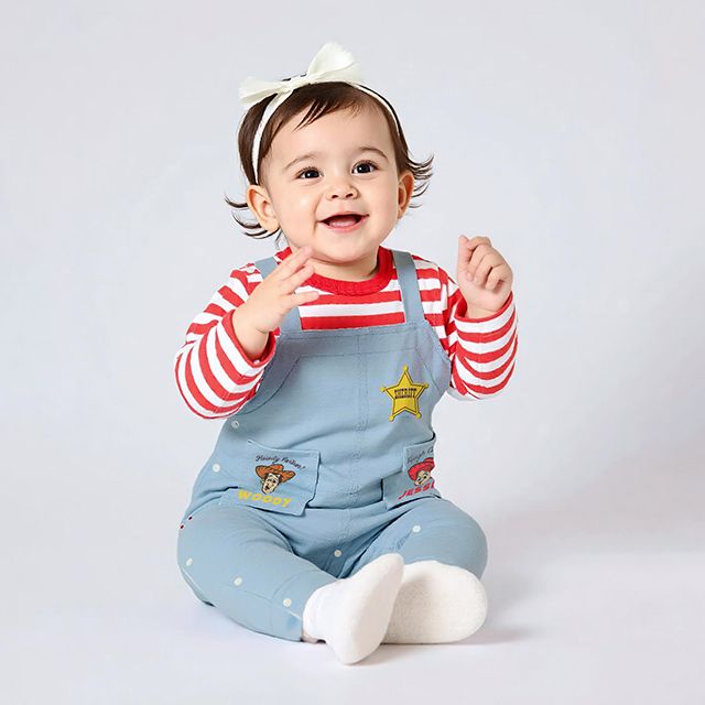 【ベビードール】トイストーリー サロペット風ロンパース 1272B / ベビーサイズ ベビー服 つなぎ ドッキングロンパース 長袖 ボディ肌着 赤ちゃん 出産祝い 贈り物 プレゼント ボーダー柄 ウッディ ジェシー ブルズアイ