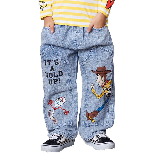 【ベビードール】トイストーリー デニムロングパンツ 1276K / ベビーサイズ キッズ ボトムス 長ズボン デニム 楽ちん ウエスト総ゴム ゴム穴付 ベルトループ フェイクボタン ウッディ フォーキー レックス ピクサーボール