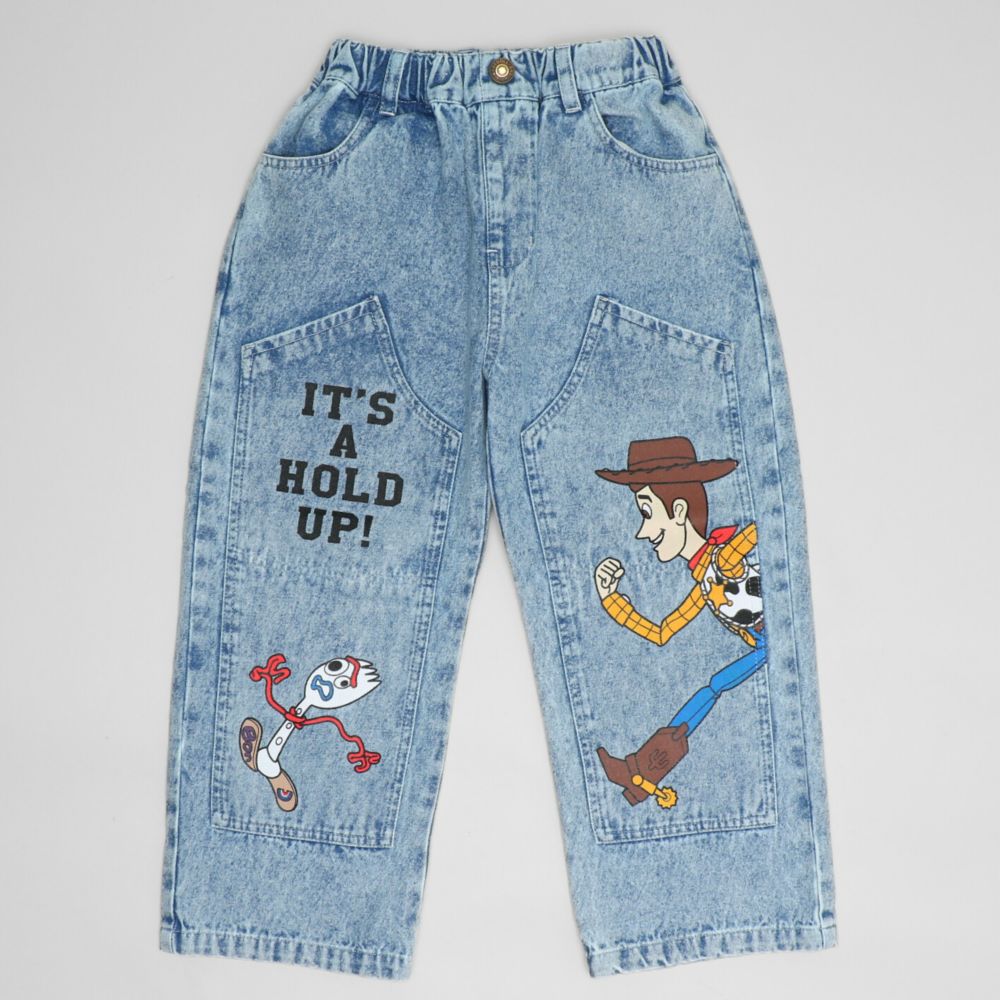 【ベビードール】トイストーリー デニムロングパンツ 1276K / ベビーサイズ キッズ ボトムス 長ズボン デニム 楽ちん ウエスト総ゴム ゴム穴付 ベルトループ フェイクボタン ウッディ フォーキー レックス ピクサーボール