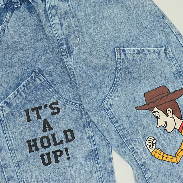 【ベビードール】トイストーリー デニムロングパンツ 1276K / ベビーサイズ キッズ ボトムス 長ズボン デニム 楽ちん ウエスト総ゴム ゴム穴付 ベルトループ フェイクボタン ウッディ フォーキー レックス ピクサーボール