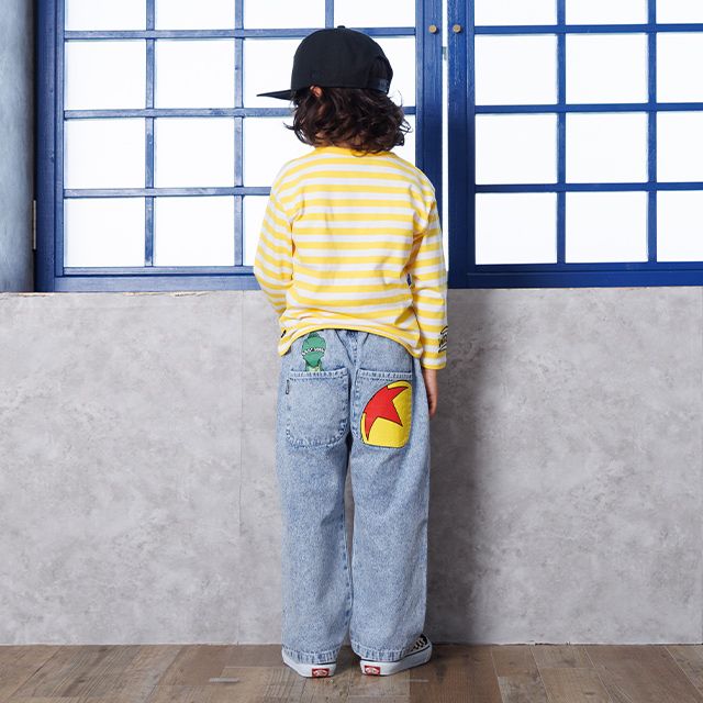 【ベビードール】トイストーリー デニムロングパンツ 1276K / ベビーサイズ キッズ ボトムス 長ズボン デニム 楽ちん ウエスト総ゴム ゴム穴付 ベルトループ フェイクボタン ウッディ フォーキー レックス ピクサーボール