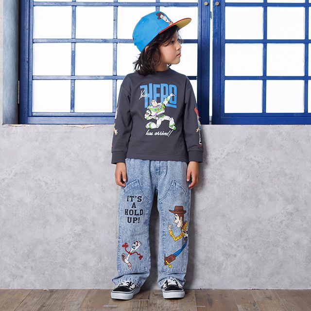 【ベビードール】トイストーリー デニムロングパンツ 1276K / ベビーサイズ キッズ ボトムス 長ズボン デニム 楽ちん ウエスト総ゴム ゴム穴付 ベルトループ フェイクボタン ウッディ フォーキー レックス ピクサーボール