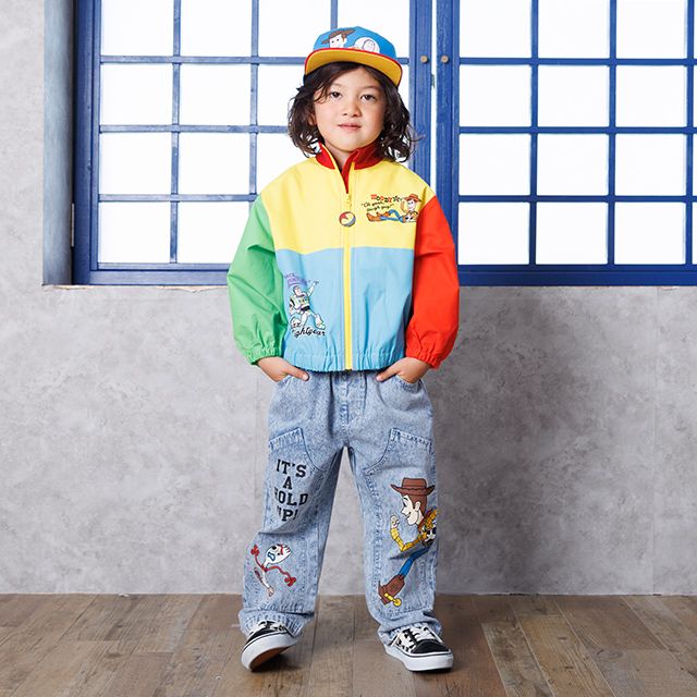 【ベビードール】トイストーリー デニムロングパンツ 1276K / ベビーサイズ キッズ ボトムス 長ズボン デニム 楽ちん ウエスト総ゴム ゴム穴付 ベルトループ フェイクボタン ウッディ フォーキー レックス ピクサーボール