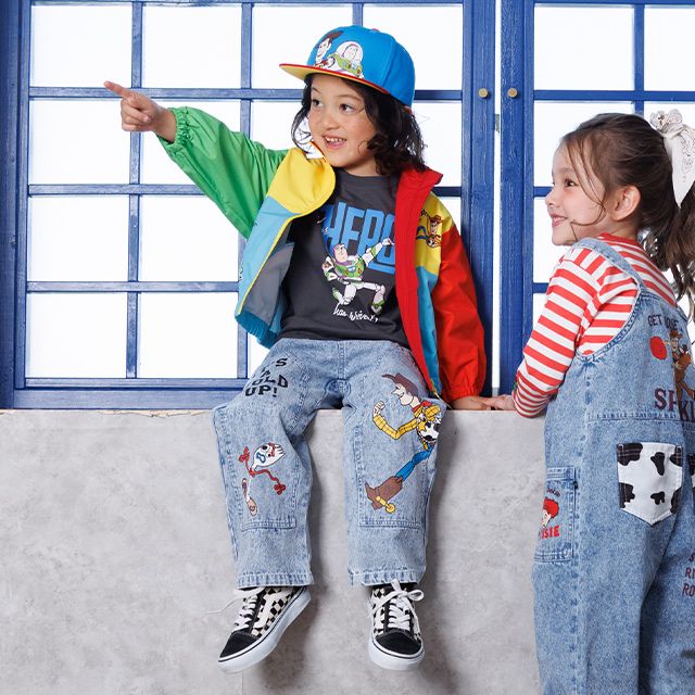 【ベビードール】トイストーリー デニムロングパンツ 1276K / ベビーサイズ キッズ ボトムス 長ズボン デニム 楽ちん ウエスト総ゴム ゴム穴付 ベルトループ フェイクボタン ウッディ フォーキー レックス ピクサーボール