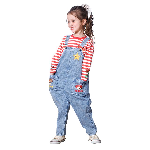 【ベビードール】トイストーリー デニムサロペット 1277K / ベビーサイズ キッズ ボトムス 長ズボン オーバーオール 楽ちん デニム ジーンズ ジーパン パークコーデ  肩紐（長さ調整可） ウエスタン 牛柄 ウッディ ジェシー ブルズアイ