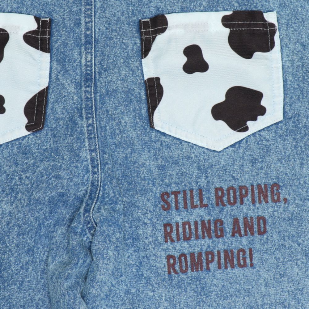 【ベビードール】トイストーリー デニムサロペット 1277K / ベビーサイズ キッズ ボトムス 長ズボン オーバーオール 楽ちん デニム ジーンズ ジーパン パークコーデ  肩紐（長さ調整可） ウエスタン 牛柄 ウッディ ジェシー ブルズアイ