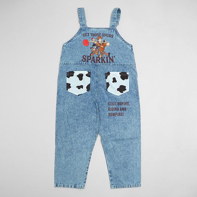 【ベビードール】トイストーリー デニムサロペット 1277K / ベビーサイズ キッズ ボトムス 長ズボン オーバーオール 楽ちん デニム ジーンズ ジーパン パークコーデ  肩紐（長さ調整可） ウエスタン 牛柄 ウッディ ジェシー ブルズアイ
