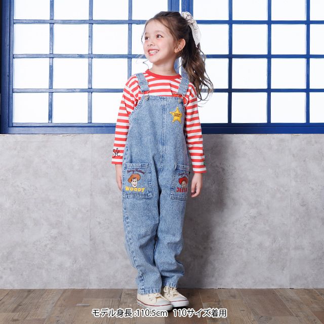 【ベビードール】トイストーリー デニムサロペット 1277K / ベビーサイズ キッズ ボトムス 長ズボン オーバーオール 楽ちん デニム ジーンズ ジーパン パークコーデ  肩紐（長さ調整可） ウエスタン 牛柄 ウッディ ジェシー ブルズアイ