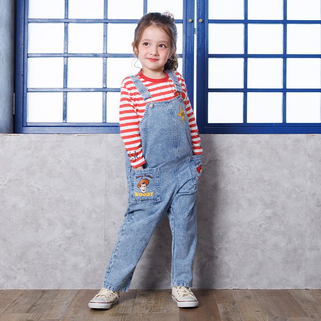 【ベビードール】トイストーリー デニムサロペット 1277K / ベビーサイズ キッズ ボトムス 長ズボン オーバーオール 楽ちん デニム ジーンズ ジーパン パークコーデ  肩紐（長さ調整可） ウエスタン 牛柄 ウッディ ジェシー ブルズアイ