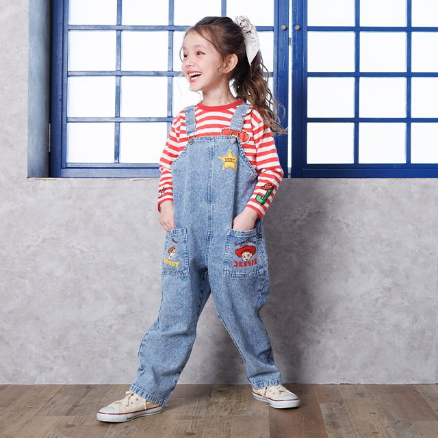 【ベビードール】トイストーリー デニムサロペット 1277K / ベビーサイズ キッズ ボトムス 長ズボン オーバーオール 楽ちん デニム ジーンズ ジーパン パークコーデ  肩紐（長さ調整可） ウエスタン 牛柄 ウッディ ジェシー ブルズアイ