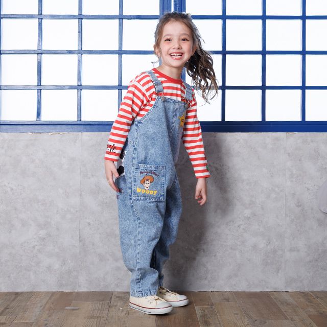 【ベビードール】トイストーリー デニムサロペット 1277K / ベビーサイズ キッズ ボトムス 長ズボン オーバーオール 楽ちん デニム ジーンズ ジーパン パークコーデ  肩紐（長さ調整可） ウエスタン 牛柄 ウッディ ジェシー ブルズアイ