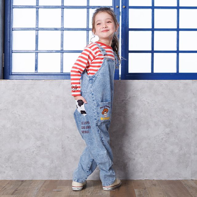 【ベビードール】トイストーリー デニムサロペット 1277K / ベビーサイズ キッズ ボトムス 長ズボン オーバーオール 楽ちん デニム ジーンズ ジーパン パークコーデ  肩紐（長さ調整可） ウエスタン 牛柄 ウッディ ジェシー ブルズアイ