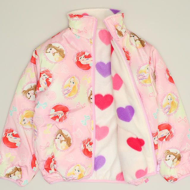 【ベビードール】プリンセス / リバーシブルアウター 1307K / ラプンツェル アリエル ベル / キッズ トップス 長袖 アウター 上着 羽織り ジャケット ブルゾン 中綿 フリース 2Way ガーリー ガールズコーデ ハート ピンク