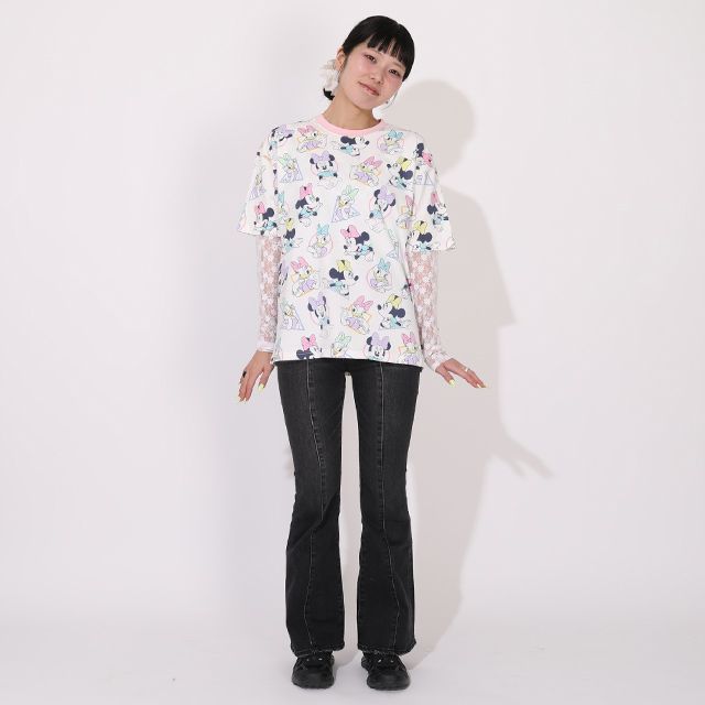 【ベビードール】ミニー デイジー 親子お揃い パステル総柄Tシャツ 1332A / 大人 ユニセックス 男女兼用 リンクコーデ ペアルック 親子コーデ トップス 半袖 クルーネック カットソー