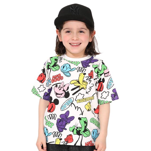 【ベビードール】ミッキー＆フレンズ 親子お揃い カラフル総柄Tシャツ 1333K / ベビーサイズ キッズ リンクコーデ ペアルック 親子コーデ トップス 半袖 クルーネック カットソー