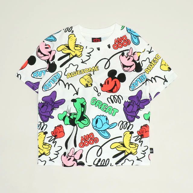 【ベビードール】ミッキー＆フレンズ 親子お揃い カラフル総柄Tシャツ 1333K / ベビーサイズ キッズ リンクコーデ ペアルック 親子コーデ トップス 半袖 クルーネック カットソー