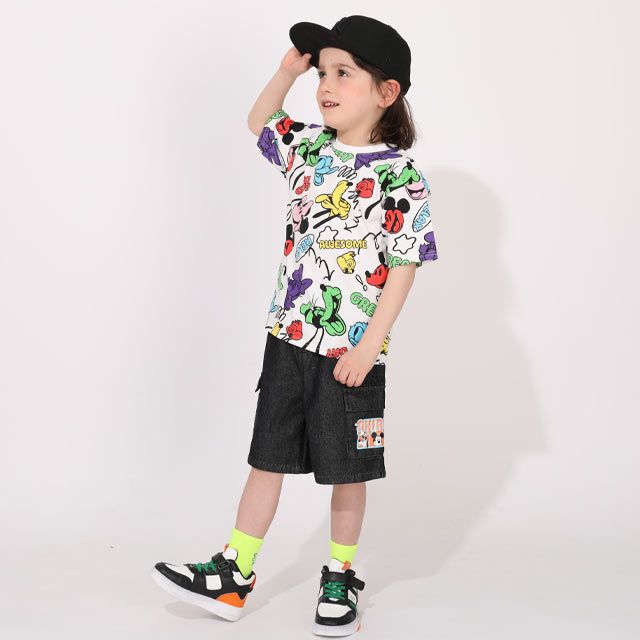 【ベビードール】ミッキー＆フレンズ 親子お揃い カラフル総柄Tシャツ 1333K / ベビーサイズ キッズ リンクコーデ ペアルック 親子コーデ トップス 半袖 クルーネック カットソー