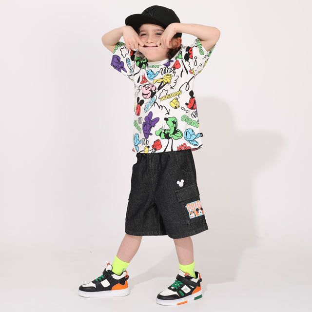 【ベビードール】ミッキー＆フレンズ 親子お揃い カラフル総柄Tシャツ 1333K / ベビーサイズ キッズ リンクコーデ ペアルック 親子コーデ トップス 半袖 クルーネック カットソー