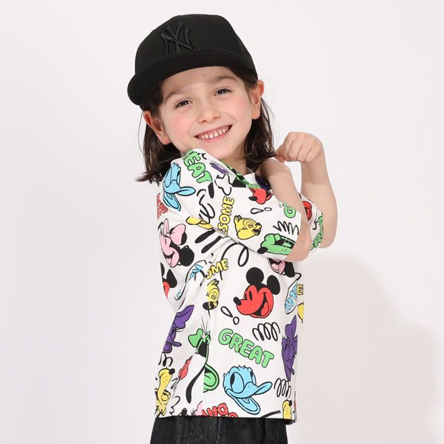 【ベビードール】ミッキー＆フレンズ 親子お揃い カラフル総柄Tシャツ 1333K / ベビーサイズ キッズ リンクコーデ ペアルック 親子コーデ トップス 半袖 クルーネック カットソー