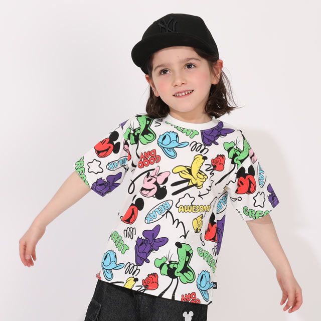 【ベビードール】ミッキー＆フレンズ 親子お揃い カラフル総柄Tシャツ 1333K / ベビーサイズ キッズ リンクコーデ ペアルック 親子コーデ トップス 半袖 クルーネック カットソー