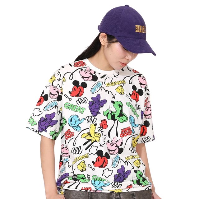 【ベビードール】ミッキー＆フレンズ 親子お揃い カラフル総柄Tシャツ 1333A / 大人 ユニセックス 男女兼用 リンクコーデ ペアルック 親子コーデ トップス 半袖 クルーネック カットソー