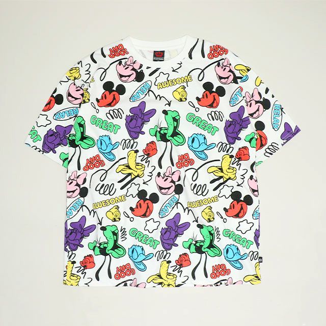 【ベビードール】ミッキー＆フレンズ 親子お揃い カラフル総柄Tシャツ 1333A / 大人 ユニセックス 男女兼用 リンクコーデ ペアルック 親子コーデ トップス 半袖 クルーネック カットソー