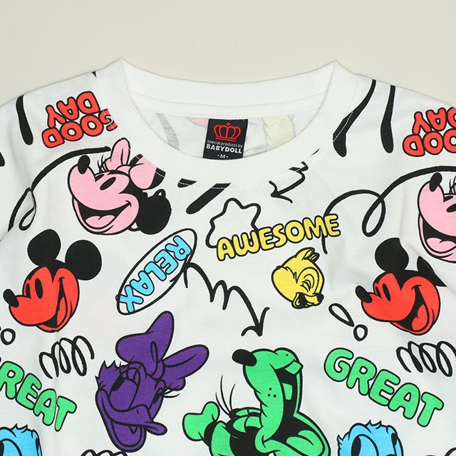 【ベビードール】ミッキー＆フレンズ 親子お揃い カラフル総柄Tシャツ 1333A / 大人 ユニセックス 男女兼用 リンクコーデ ペアルック 親子コーデ トップス 半袖 クルーネック カットソー