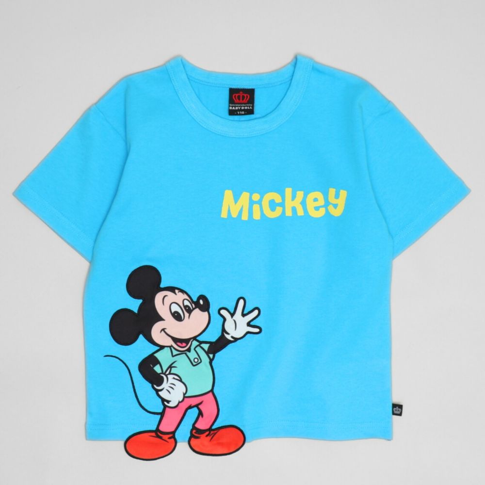 【ベビードール】ミッキー 手描き風ロゴキャラクターワッペンTシャツ 1334K / ベビーサイズ キッズ トップス 半袖 クルーネック カットソー