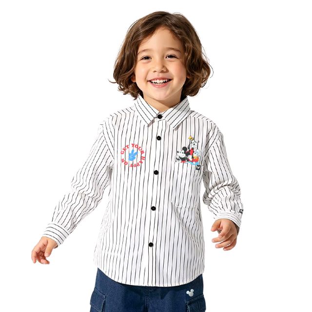 【ベビードール】ミッキー ストライプシャツ 1338K / ベビーサイズ キッズ トップス 長袖 シャツ 羽織り ストライプ柄 ストライプシャツ スナップボタン仕様