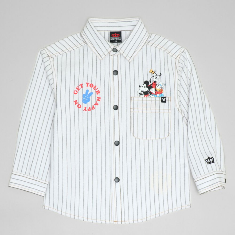 【ベビードール】ミッキー ストライプシャツ 1338K / ベビーサイズ キッズ トップス 長袖 シャツ 羽織り ストライプ柄 ストライプシャツ スナップボタン仕様