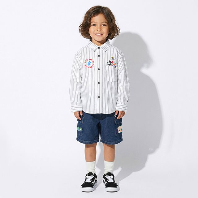 【ベビードール】ミッキー ストライプシャツ 1338K / ベビーサイズ キッズ トップス 長袖 シャツ 羽織り ストライプ柄 ストライプシャツ スナップボタン仕様
