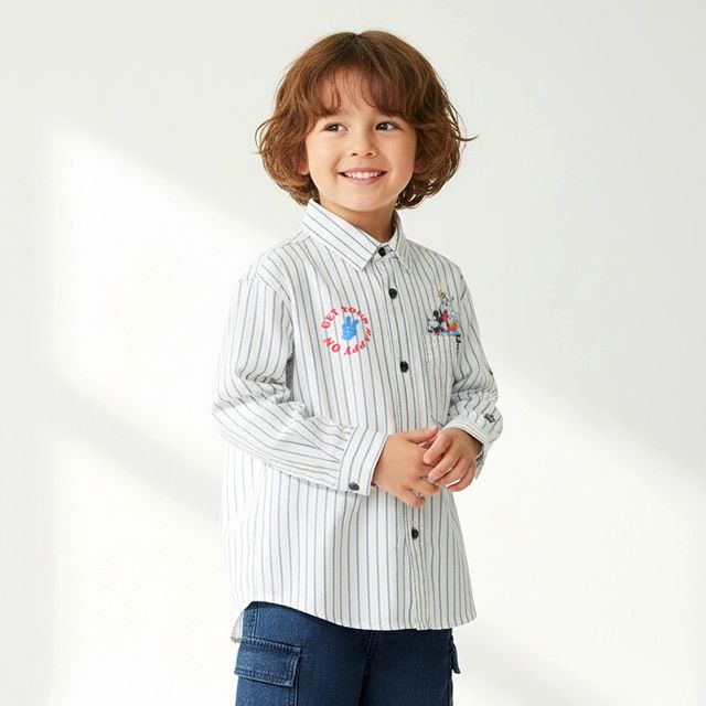 【ベビードール】ミッキー ストライプシャツ 1338K / ベビーサイズ キッズ トップス 長袖 シャツ 羽織り ストライプ柄 ストライプシャツ スナップボタン仕様