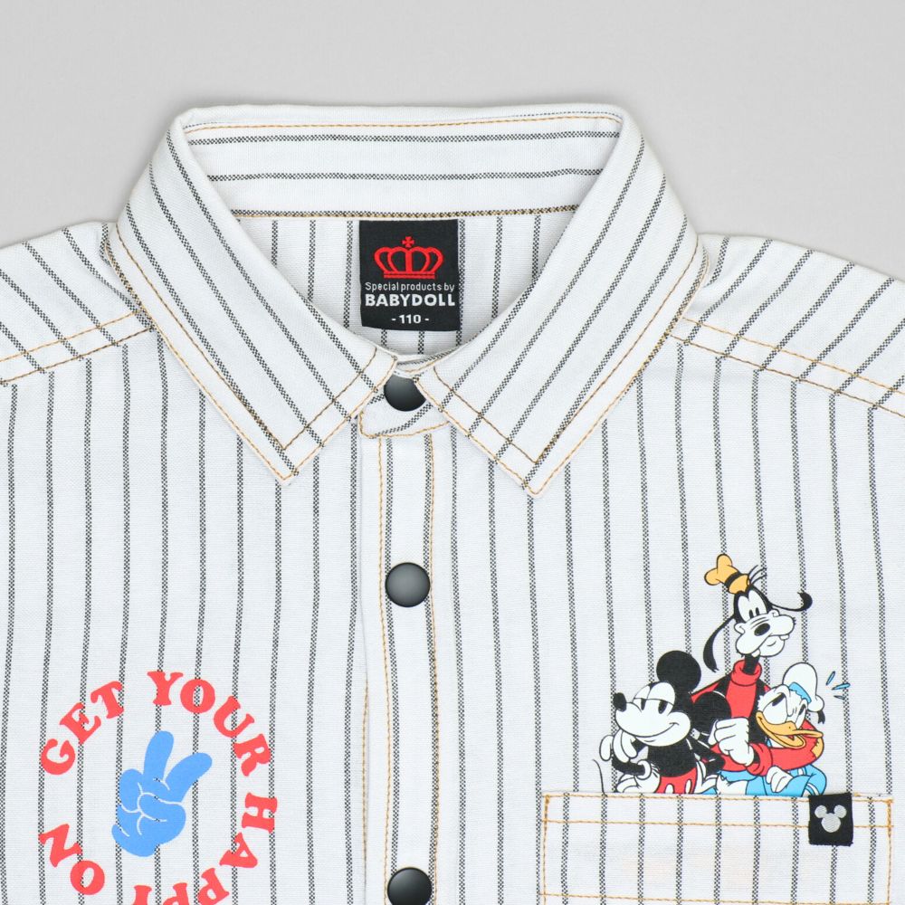 【ベビードール】ミッキー ストライプシャツ 1338K / ベビーサイズ キッズ トップス 長袖 シャツ 羽織り ストライプ柄 ストライプシャツ スナップボタン仕様