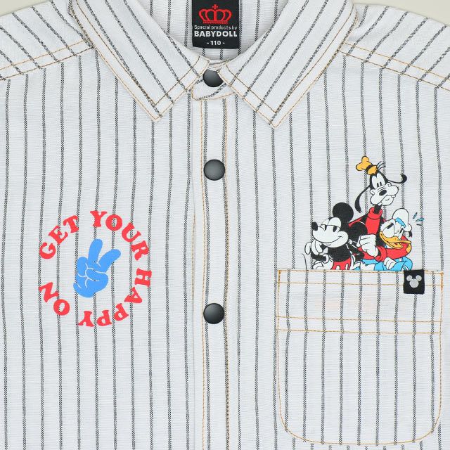 【ベビードール】ミッキー ストライプシャツ 1338K / ベビーサイズ キッズ トップス 長袖 シャツ 羽織り ストライプ柄 ストライプシャツ スナップボタン仕様