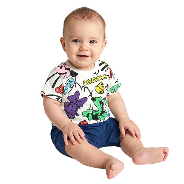 【ベビードール】ミッキー＆フレンズ カラフル総柄ロンパース 1344B / ベビーサイズ 赤ちゃん 出産祝い 贈り物 プレゼント ベビー服 ベビーつなぎ 半袖 天竺素材