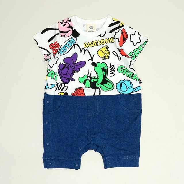 【ベビードール】ミッキー＆フレンズ カラフル総柄ロンパース 1344B / ベビーサイズ 赤ちゃん 出産祝い 贈り物 プレゼント ベビー服 ベビーつなぎ 半袖 天竺素材