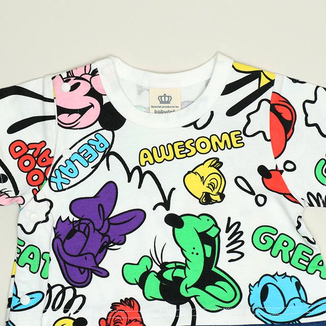 【ベビードール】ミッキー＆フレンズ カラフル総柄ロンパース 1344B / ベビーサイズ 赤ちゃん 出産祝い 贈り物 プレゼント ベビー服 ベビーつなぎ 半袖 天竺素材