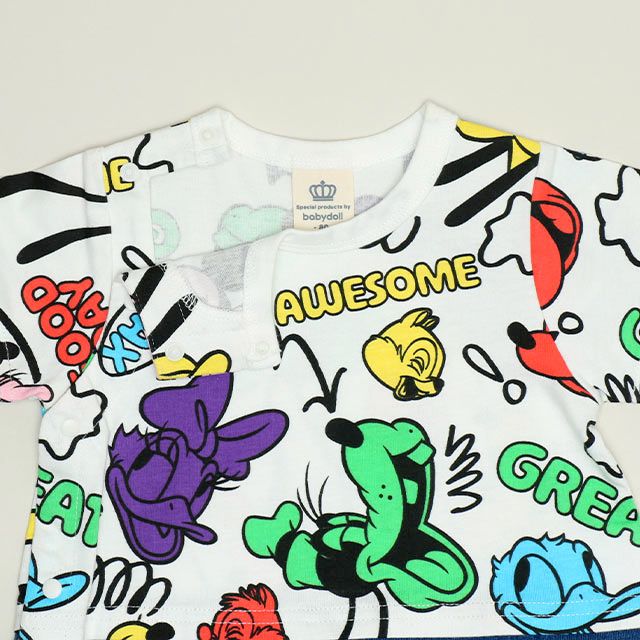 【ベビードール】ミッキー＆フレンズ カラフル総柄ロンパース 1344B / ベビーサイズ 赤ちゃん 出産祝い 贈り物 プレゼント ベビー服 ベビーつなぎ 半袖 天竺素材