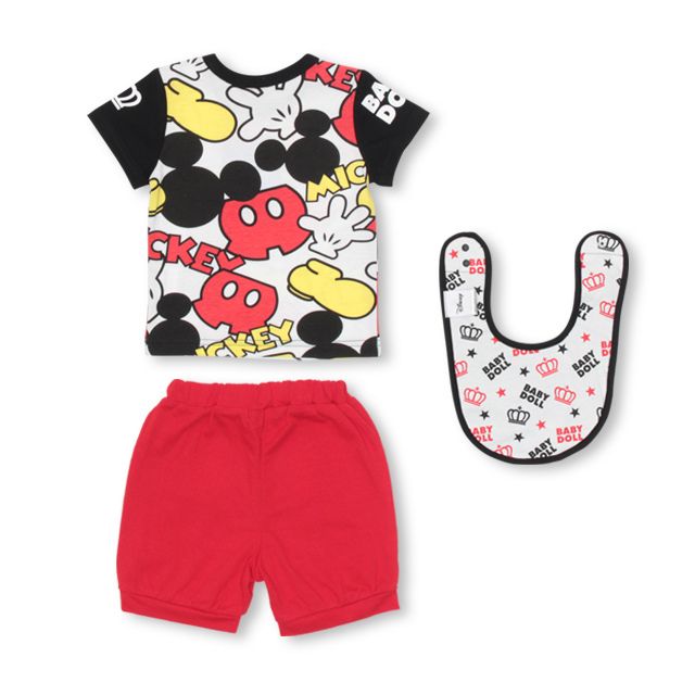 【ベビードール】ミッキー ギフトBOX付き 3点ギフトセット 1955B 【DY】 / ベビーサイズ 赤ちゃん 出産祝い 贈り物 プレゼント ベビー服 半袖 半ズボン ハーフパンツ スタイ（リバーシブル仕様/防水シート入/2段階調整可） トータルコーディネート 綿100% なりきる