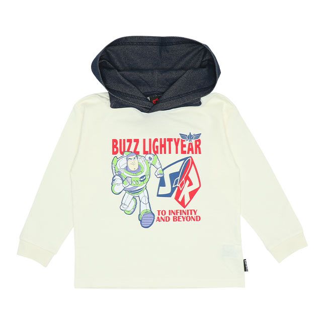 【ベビードール】バズライトイヤー キャラクターフードロンT 7054K / ベビーサイズ キッズ トップス 長袖 薄手 フード部分ニットデニム素材 重ね着に使える 天竺素材