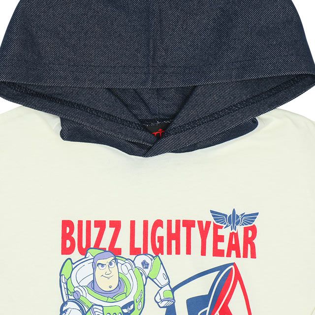 【ベビードール】バズライトイヤー キャラクターフードロンT 7054K / ベビーサイズ キッズ トップス 長袖 薄手 フード部分ニットデニム素材 重ね着に使える 天竺素材
