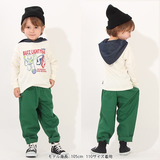 【ベビードール】バズライトイヤー キャラクターフードロンT 7054K / ベビーサイズ キッズ トップス 長袖 薄手 フード部分ニットデニム素材 重ね着に使える 天竺素材
