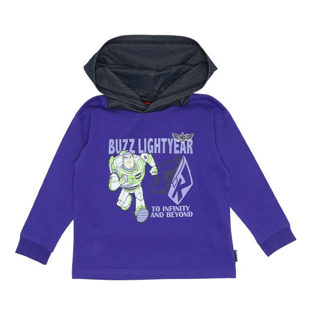 【ベビードール】バズライトイヤー キャラクターフードロンT 7054K / ベビーサイズ キッズ トップス 長袖 薄手 フード部分ニットデニム素材 重ね着に使える 天竺素材