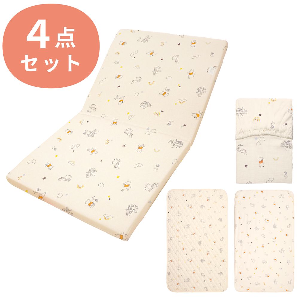 プー＆フレンズ 固わた敷き布団 4点セット マットレス 防水シーツ キルトパッド シーツ 選べる2サイズ NZ3225-VS/WS
