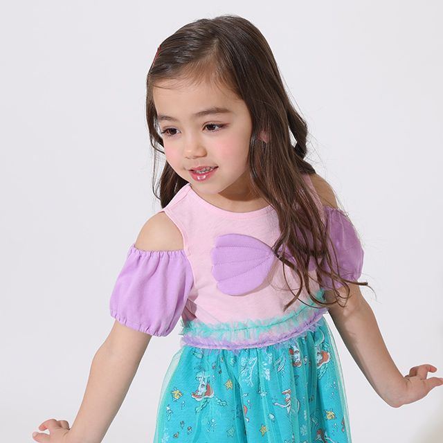 【ベビードール】アリエル なりきるワンピース 5127K / ベビーサイズ キッズ トップス 半袖 チュール フリル パフスリーブ ウエストゴム入り 立体モチーフ プリンセス 仮装 コスチューム コスプレ