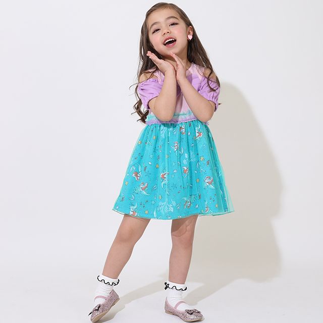 【ベビードール】アリエル なりきるワンピース 5127K / ベビーサイズ キッズ トップス 半袖 チュール フリル パフスリーブ ウエストゴム入り 立体モチーフ プリンセス 仮装 コスチューム コスプレ